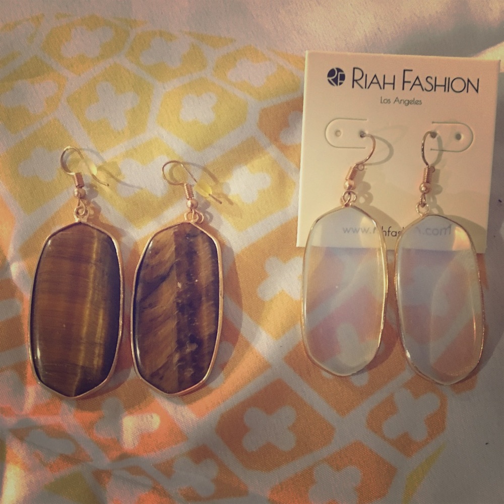 🍍Set of 2 Crystal Brown White Gold Dangle Earring